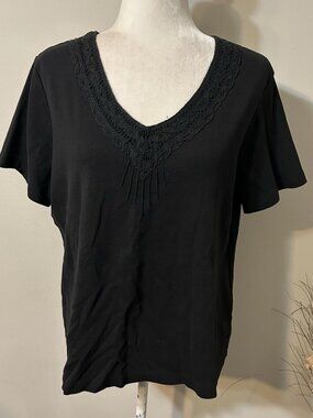White Stag Women Crochet V-Neck Short Sleeve Black T-shirt Top 100% Cotton Sz XL